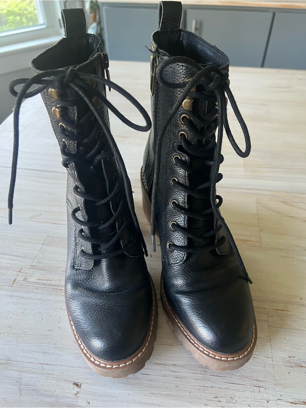 Crown Vintage Black Lace-Up Combat Boots with Brown Lug Sole